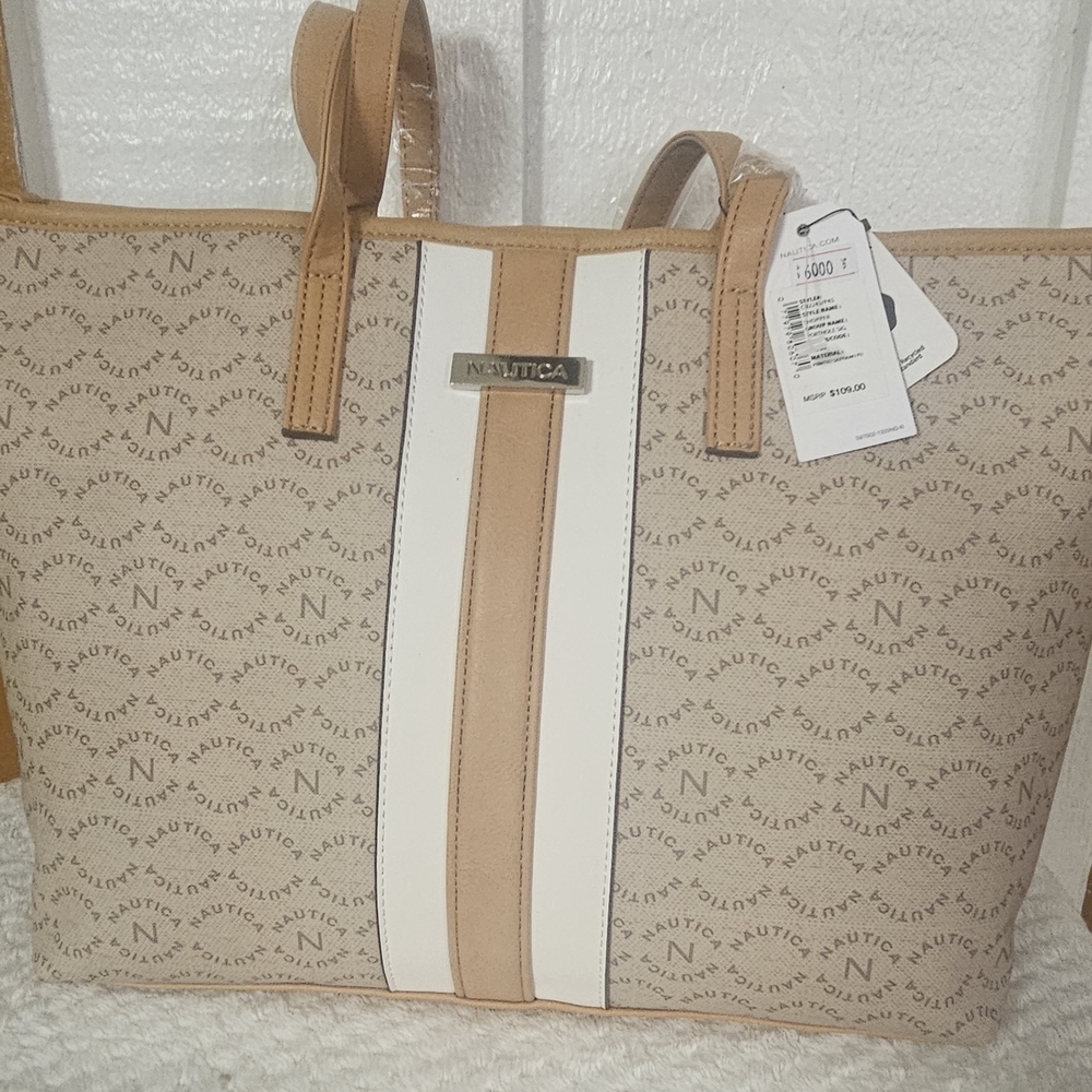 Nautica Beige and White Logo Tote